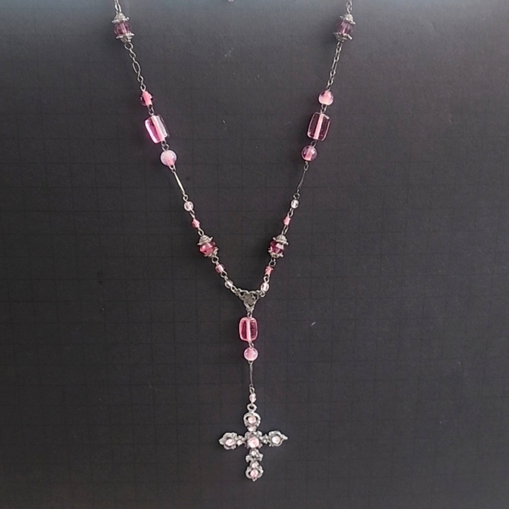 Vintage cross necklace beautiful pink and purple stones. Length 13 inches